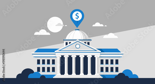Classical government building under a finance pin symbol representing public finance and institutions.