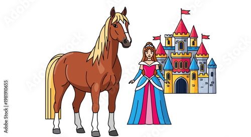 Princess with Horse and Castle Illustration - Fairytale Fantasy Scene