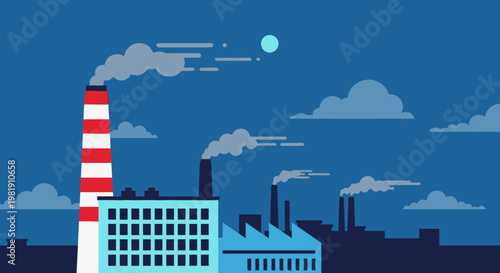 Industrial factory skyline with smokestacks and smoke at dusk creating a dramatic urban scene.