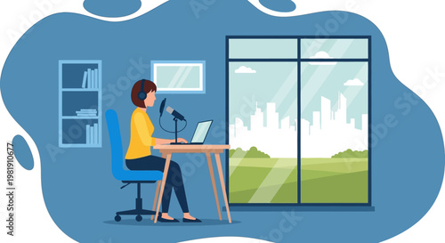 Person Working on Laptop at a Desk by a Large Window Overlooking Greenery and Nature.