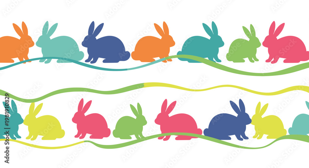 Fototapeta premium Cute Colorful Bunny Rabbits Seamless Pattern, Easter Spring Decoration Border