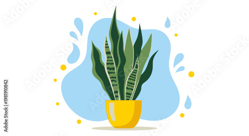 Vibrant illustrated potted plant with tall green leaves and yellow container on a blue abstract background.