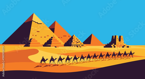 Desert Pyramids and Camel Caravan under a Bright Blue Sky in a Sunset-Blue Desert Landscape.