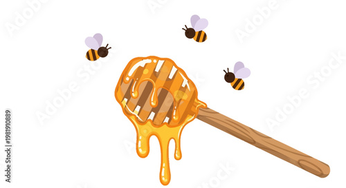 Golden honey drips from a wooden honey dipper with bees buzzing nearby, creating a natural, sweet drizzle scene.