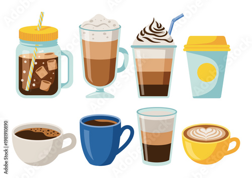 Assortment of Coffee Drinks and Cups in Flat Style