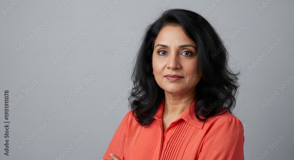 Fototapeta premium Mature and confident indian woman smiling with her arms crossed, wearing an orange shirt against a simple grey background.