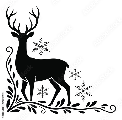 Fotografía Black Silhouette of a Reindeer with Snowflakes and Swirling Vines