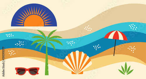 Sunny tropical beach with palm trees, seashells, colorful umbrellas, and a vivid shoreline along the turquoise ocean.
