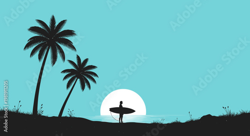 Sunset silhouette along a tropical coast with palm trees, island horizon, and a surfboard on the calm water.