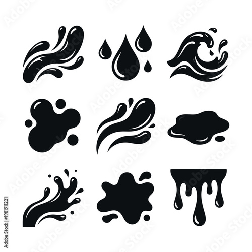 Vector set of black liquid splashes, water drops, waves and dripping ink blobs isolated on white background.