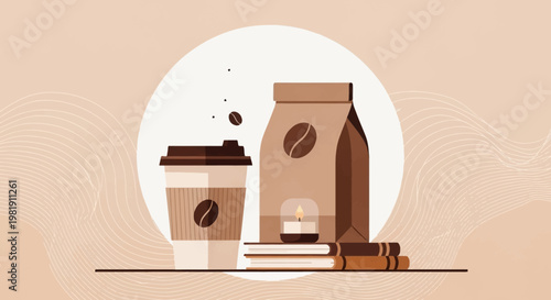 Still life composition featuring coffee cups, takeaway cup, and coffee bag.