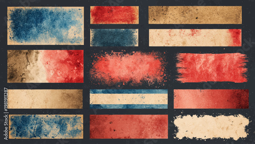 Grunge USA flag icon set with paint splatter effect on a globe background