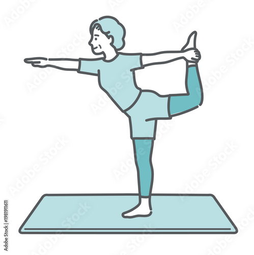 笑顔でヨガのダンサーのポーズをするシニア女性のイラスト