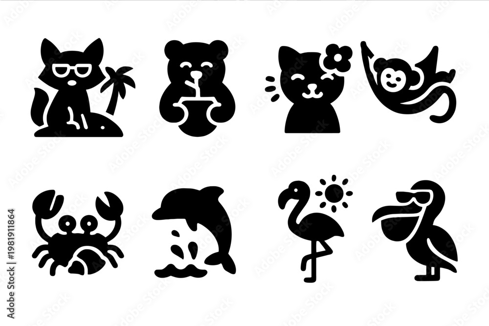 Obraz premium Animal Summer Icons. Animal Summer Vibes. Filled icon set of Animal Summer Vibes: beach fox, coconut-sipping