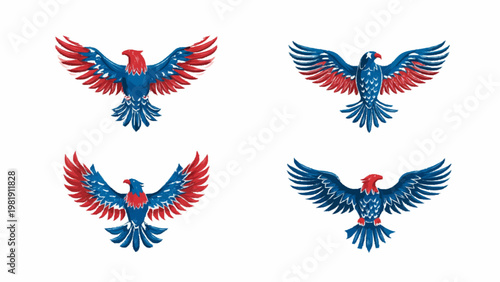 Patriotic flying eagle icon set soars around the globe with dynamic wings.