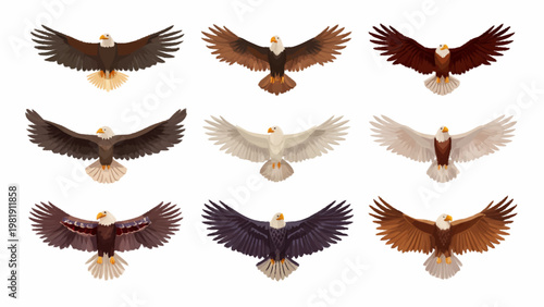 Eagle icons soar around the globe with dynamic wings in a patriotic illustration.