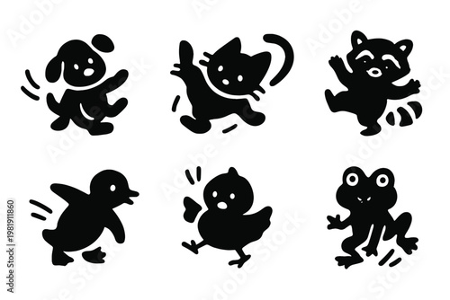 Playful Animal Icons. Playful stumble moments. Filled icon set of Playful stumble moments: slipping puppy,