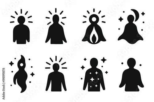 Cosmic Beings Icons. Radiant cosmic beings. Filled icon set of Radiant cosmic beings: bright halo spirit,