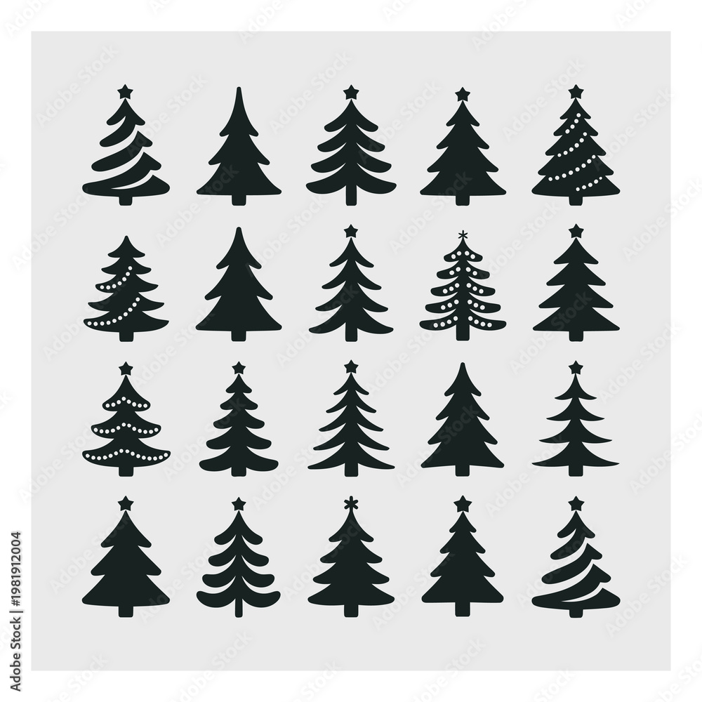 Fototapeta premium Collection of Stylized Christmas Tree Silhouettes on a Light Background