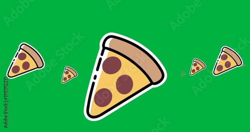 Digitally generated image of multiple pizza slice icons against black background