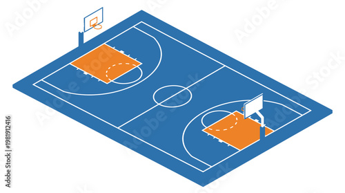 Isometric Basketball Court: An isometric perspective showcases a basketball court, with its distinctive blue and orange color scheme, ready for action and competitive play.