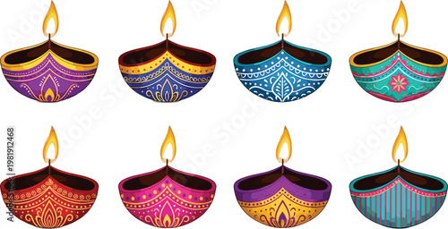 Colorful Diya Oil Lamp Vector Set with Intricate Designs for Diwali, Festival, and Traditional Indian Celebration Design