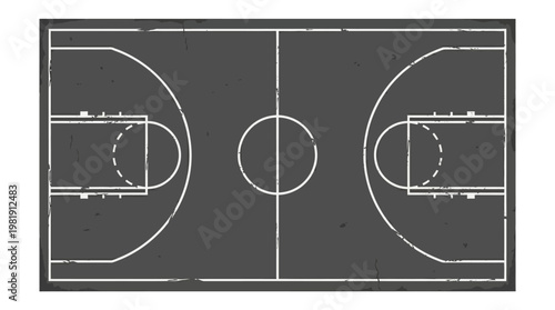 Basketball Court's Aerial View: An abstract, detailed top-down view of a basketball court, meticulously marked with lines and circles, creating a graphic representation of the game's arena.