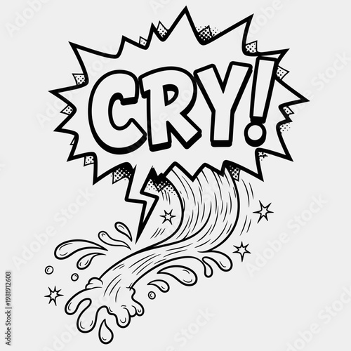 Comic Book Style "Cry" Text Bubble with Water Splash and Stars