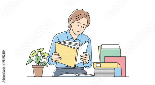 Man Reading Book Sitting Indoors Alone.