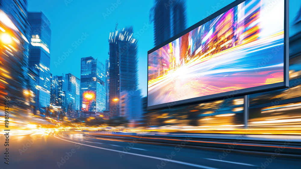 Obraz premium Captivating mockup of billboard in vibrant cityscape at dusk, showcasing bright lights and dynamic motion