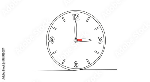 Minimalist Clock Drawing: Time at 3 O'clock, White Background, Simple Line Art