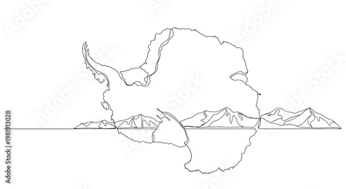 Antarctica map outline with mountain landscape illustration