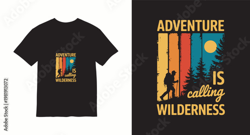 Retro adventure wilderness graphic with hiker silhouette and pine trees.