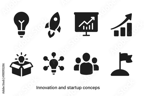 Innovation Icon Set. Innovation and startup concepts. Filled icon set of innovation and startup concepts: