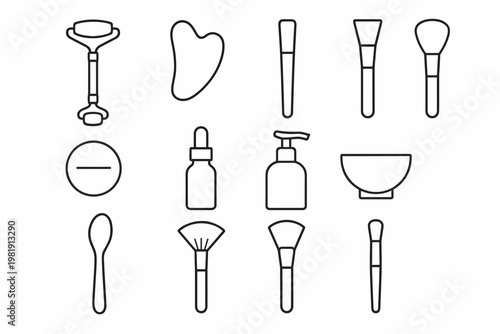 Skincare Tool Icons. Skincare tools flat lays. Line outline icon set of skincare tools flat lays: jade roller,