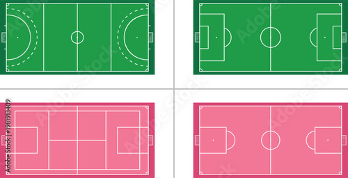 Color-coded vector illustration of four sports field layouts including soccer, futsal, and field hockey, highlighting markings, dimensions, and comparative design