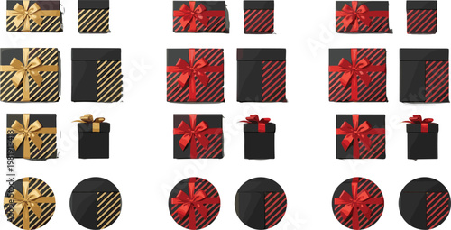 Elegant Gift Box Vector Set with Red and Gold Stripes, Ribbons, and Bows for Holiday, Birthday, and Celebration Design