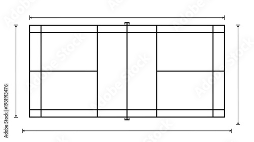 Top-down view of a standard badminton court layout with marked lines and implied net, showing court dimensions for singles and doubles play.