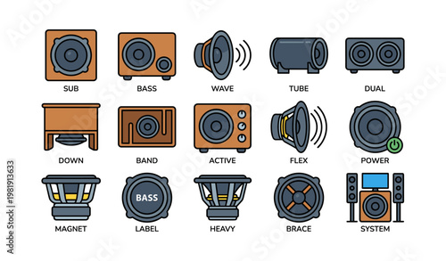 Collection of various speaker icons including subwoofer, bass, and tube designs
