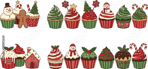 Festive Christmas Cupcakes Vector Set with Gingerbread, Snowman, Candy Canes, and Holiday Decorations for Winter and Holiday Treats