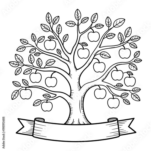 Vector of an apple tree with a blank banner across the base.
