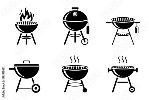 Set of vector grill icons with various designs and grilling stages