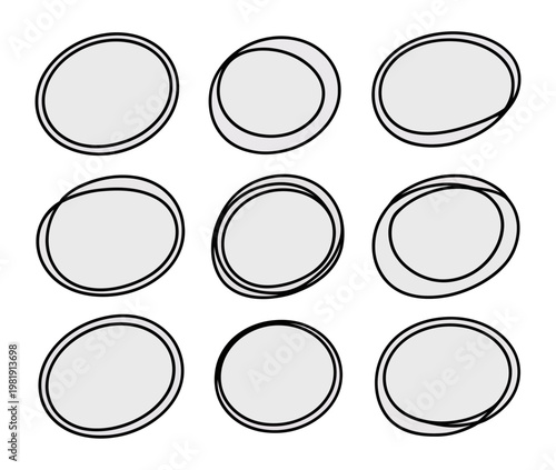 Vector of a grid of elliptical black sketches in various shapes and designs