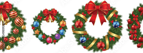 Festive Christmas Wreath Vector Set with Red Bows, Ornaments, and Holiday Decorations for Seasonal Greetings and Decor Design