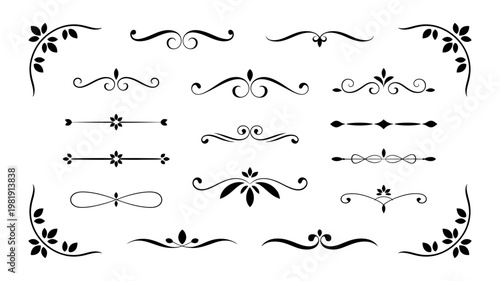 Collection of ornate vector decorative elements with floral and leaf motifs