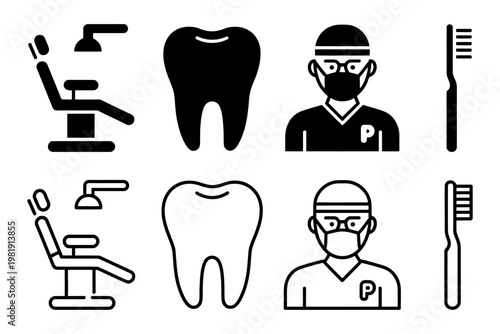 Vector graphic depicting dental equipment and professionals dressed in medical attire.
