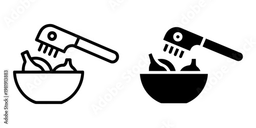 Two vector icons showing a can opener being used over a bowl