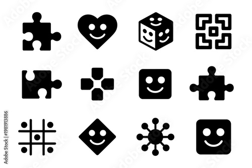 Vector black icons featuring puzzles, smiley faces, and geometric shapes