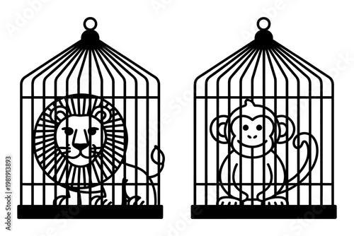 Vector of a lion and a monkey each inside separate hanging bird cages depicted in