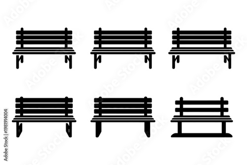 Vector of six identical park benches in a symmetrical grid layout
